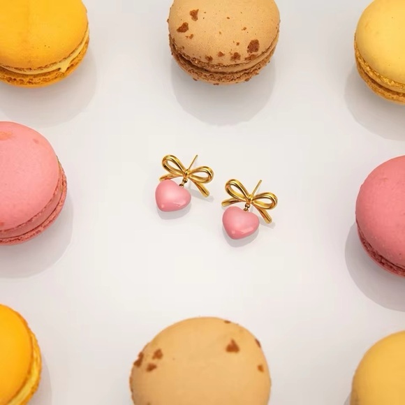 18k Gold Plated Bowknot Pink Heart Drip Oil Earrings - Picture 5 of 9